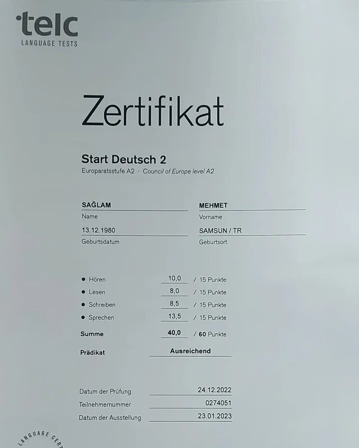 Günstiges TELC A2-Zertifikat zu verkaufen in Ungarn