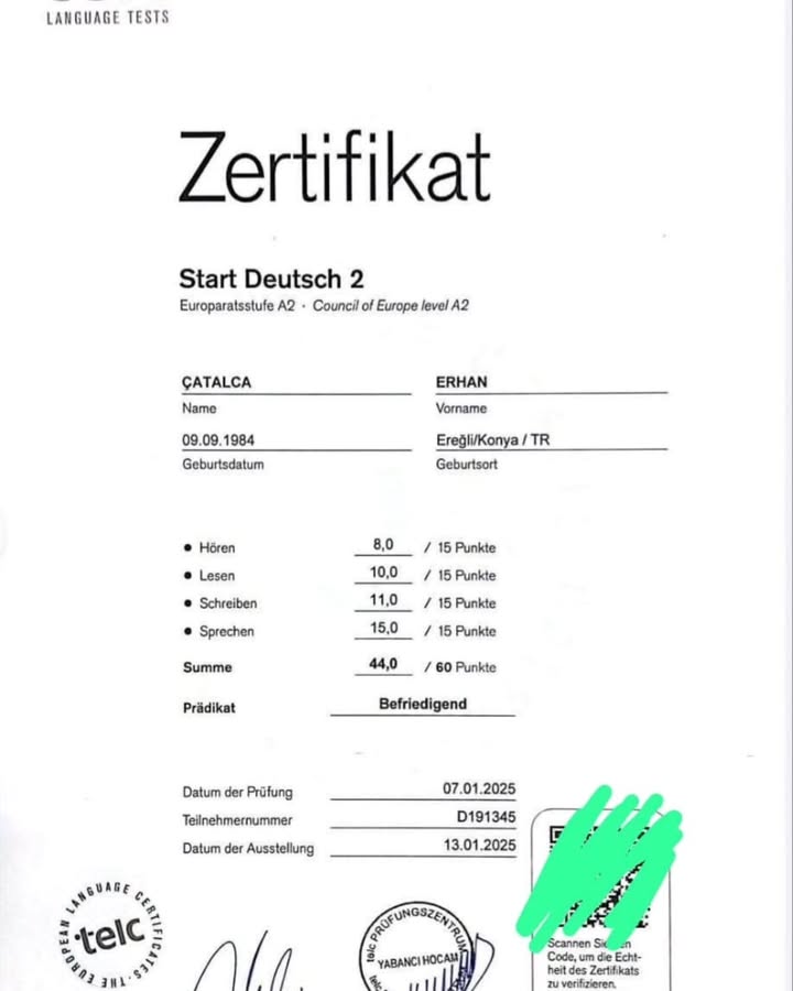 Купить легальный сертификат TELC A2 онлайн в Казахстане